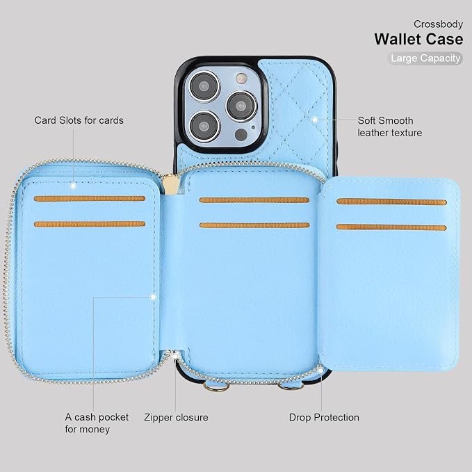 Bocasal Crossbody Wallet Case for iPhone 14 Pro Max, RFID Blocking PU Leather Zipper Handbag Purse Flip Cover, Kickstand Folio Case with Card Slots Holder Wrist Strap Lanyard 5G 6.7 Inch (Blue)