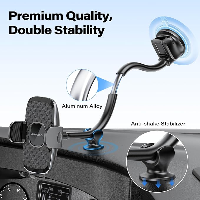 APPS2Car 14'' Gooseneck Car Phone Holder,Heavy Duty Phone Holder for Truck, [Flexibile Long Arm] [Anti Shake stabilizer] Windshield Car Phone Mount Suction Cup,Fit for iPhone, Samsung (Black Plaid)