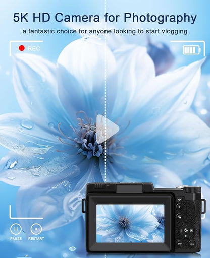 FLATIC 5K Digital Camera with WiFi, Cameras for Photography with 180°Flip Screen, Vlogging Camera with 64GB Card, Battery, Camera for Beginner, Teens