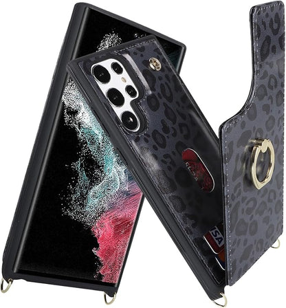 Lipvina for Samsung Galaxy S22 Ultra Case with Card Holder and Strap for Women,Crossbody Lanyard,RFID Blocking,Ring Stand,Snap Clasp,Cute Phone Wallet Cases 6.8 inch(Black Leopard)