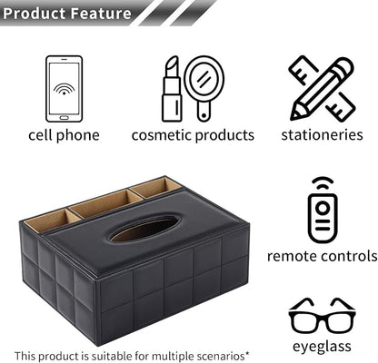PU Leather Rectangular Tissue Box Cover - Multifunctional Tissue Box Holder with Stationery Remote Control Box, Decorative Tissue Pen Remote Organizer for Home/Office/Restaurant