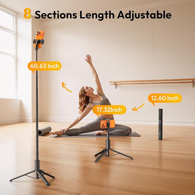 ULANZI Phone Tripod, SK27 61" Extendable Selfie Stick for iPhone, 2 in 1 Adjustable Tripod with Bluetooth Remote Cold Shoe Mount, Portable Phone Stand Lightweight for Travel Photo Video Stream Vlog