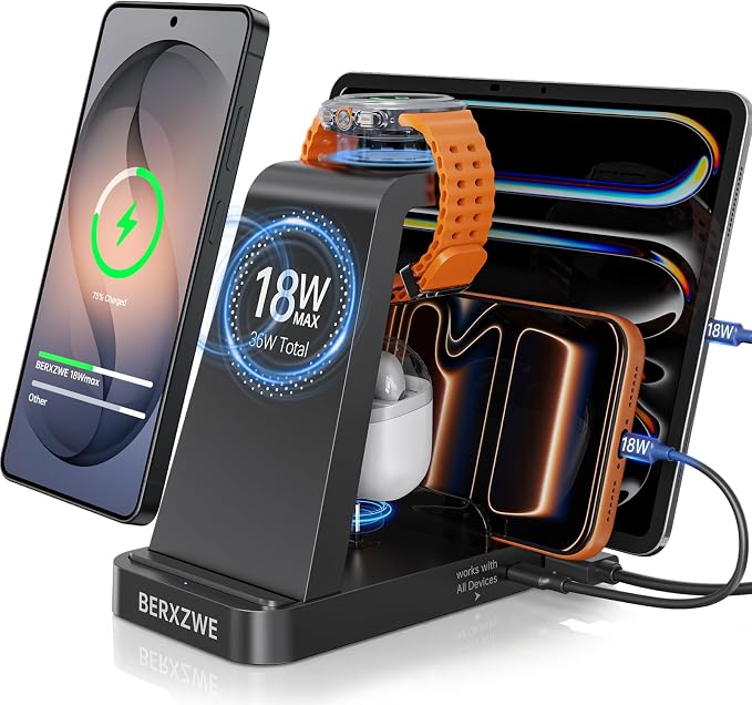 Wireless Charger for Samsung: 5 in 1 Samsung Wireless Charging Station for Galaxy S26 Ultra/S25/S24, Charger Stand for Galaxy Watch8/7/6/5/4, Charging Dock Stand for Android Multiple Devices, Black