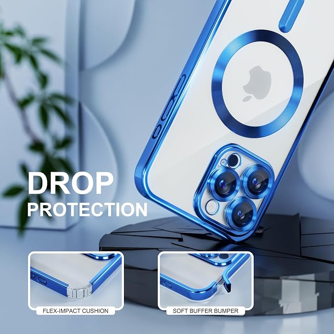 Misea Magnetic for iPhone 16 Pro Case Compatible with MagSafe [Never Yellowing] [Military Grade Drop Protection] Full Camera Lens Protector Plating Soft Clear Phone Case for Women 6.3", Deep Blue