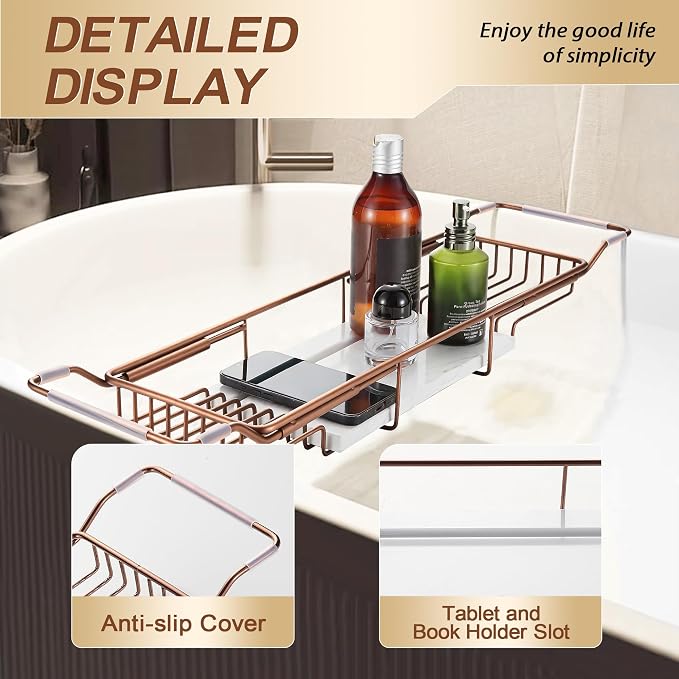 BVL Bathtub Tray Stainless Steel with Marble Base Rose Gold Bathtub Tray with White Marble Base Adjustable & Rustproof Bath Caddy for Spa, Relaxation, Bath Bombs