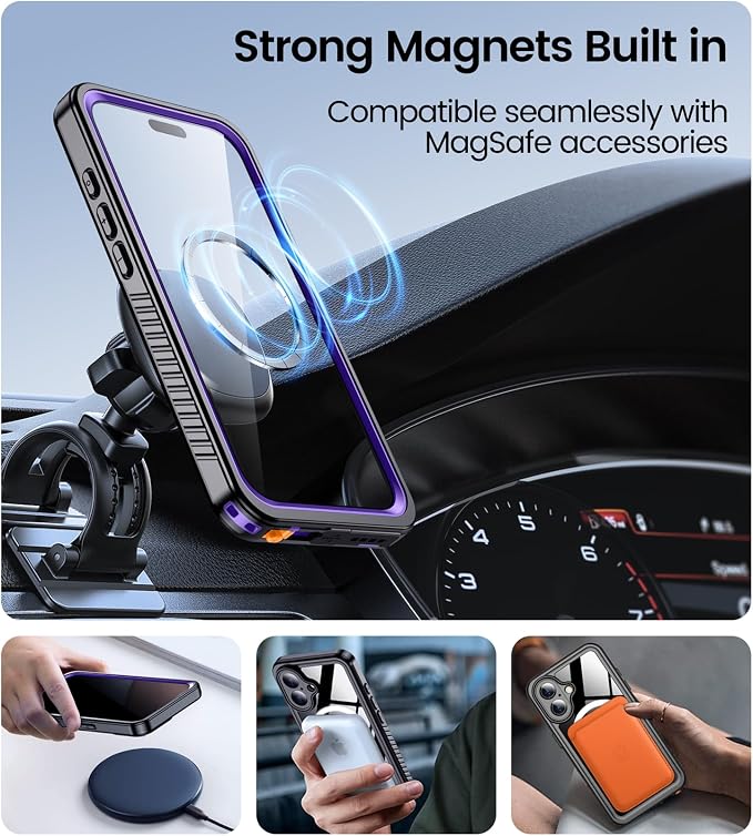 Temdan Magnetic for iPhone 16 Plus Case Waterproof,Built-in Screen Protector[IP68 Underwater][Upgrade Military Dropproof][Compatible with MagSafe] Full Body Shockproof Translucent Case 6.7''-Purple
