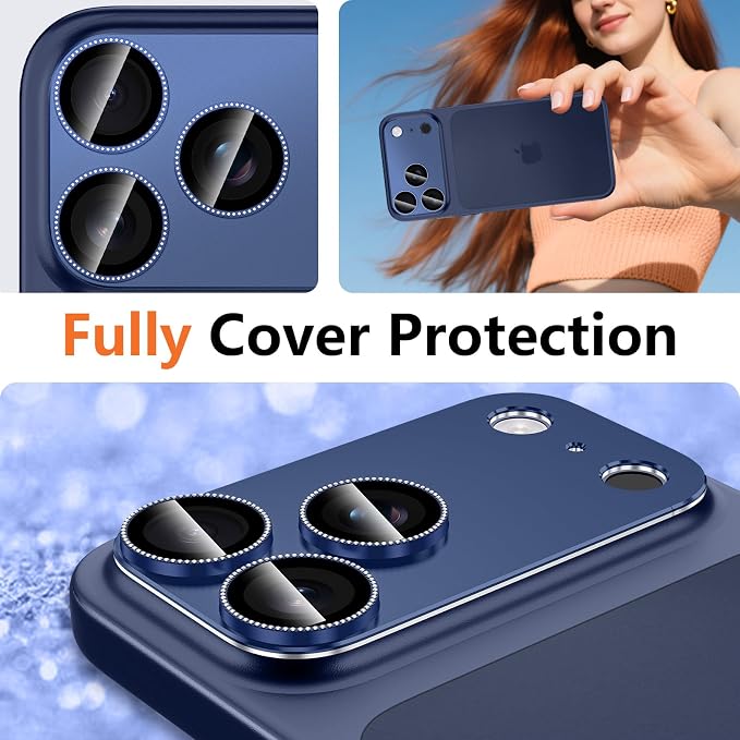 for iPhone 17 Pro Max Camera Lens Protector, [Military Grade Shatterproof] [Strong Adsorption] [Case Friendly] Full Coverage Metal Aluminum Alloy 9H Tempered Glass Camera Screen Cover,NavyBlue