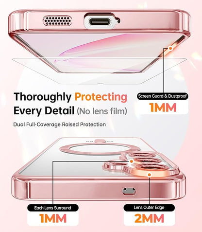 Meifigno Case Designed for Samsung Galaxy S25 6.2 inch, [Compatible with MagSafe] [2X HD Screen Protectors] [Glitter Card & Wrist Strap] Surround Lens Protection Case for Galaxy S25, Rose Gold