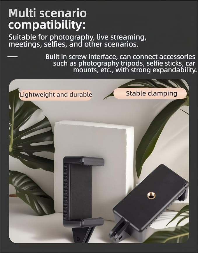 All Phone Holder – No Tools Needed! Spring Clamp Fits 55-85mm Phones, Sturdy E-Base for Car Rides, Zoom Calls & Outdoor Filming 360° Adjustable, Soft TPU Padding | Gym, Travel, Studio