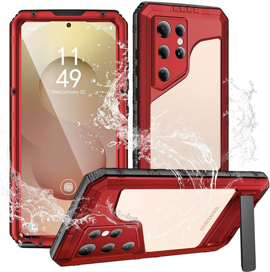 Mitywah Waterproof Case for Samsung Galaxy S25 Ultra, Heavy Duty Metal Kickstand Case, Shockproof Full Body Phone Case with Built-in Screen Protector for Samsung S25 Ultra Case Red