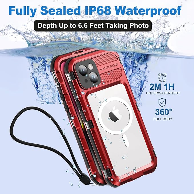 WIFORT for iPhone 14 Plus Waterproof Case - Built-in [Screen Protector][IP68 Water Proof][14FT Military Grade Shockproof], Rugged Metal Full Body Aluminum Protective Drop Protection Cover, 6.7" Red