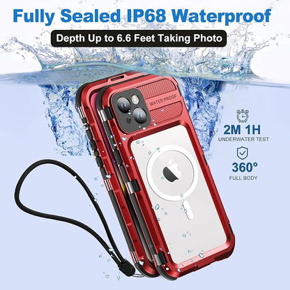 WIFORT for iPhone 14 Plus Waterproof Case - Built-in [Screen Protector][IP68 Water Proof][14FT Military Grade Shockproof], Rugged Metal Full Body Aluminum Protective Drop Protection Cover, 6.7" Red