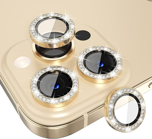 Choiche Compatible for iPhone 13 Pro/iPhone 13 Pro Max Camera Lens Protector Bling, 9H Tempered Glass Camera Cover Screen Protector Metal Ring Decoration Accessories (Diamond-Gold)