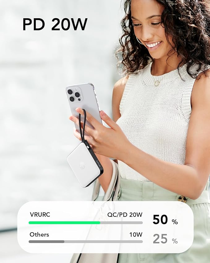 VRURC Portable Charger with Built-in Cable, 10000mAh 22.5W Fast Charging USB C Battery Pack, Cell Phone Power Bank for iPhone 17 16 15 Series Android Tablet (White)