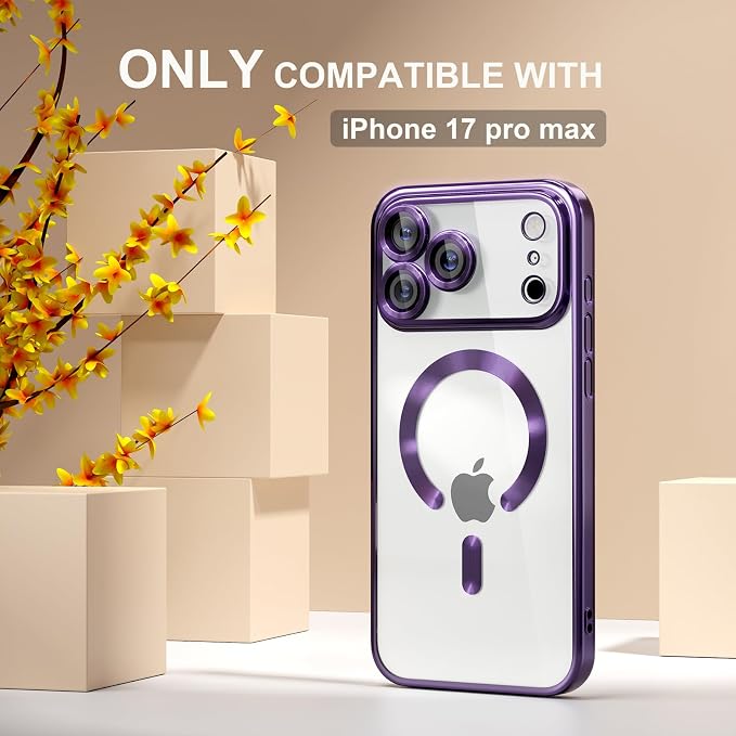 Misea Magnetic for iPhone 17 Pro Max Case Compatible with MagSafe [Never Yellowing] [Military Grade Drop Protection] Full Camera Lens Protector Plating Soft Clear Phone Case for Women, Deep Purple