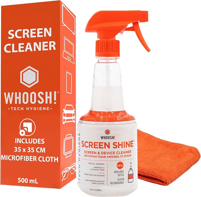 WHOOSH! Screen Shine Pro 16.9 fl oz Refillable Screen Cleaner for TV, OLED, and Monitors – Streak-Free Spray with Microfiber Cloth – Safe for Flat Screen, LCD, Smart Displays – Non-Toxic and Odorless