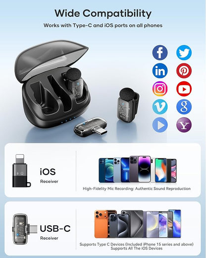 Mini 2 Wireless Lavalier Microphones for iPhone 15/16/17 & Android, 3-Level Noise Reduction, Plug & Play, 36H Battery with Charging Case, Wireless Lapel Mic for Video Recording, Vlogging