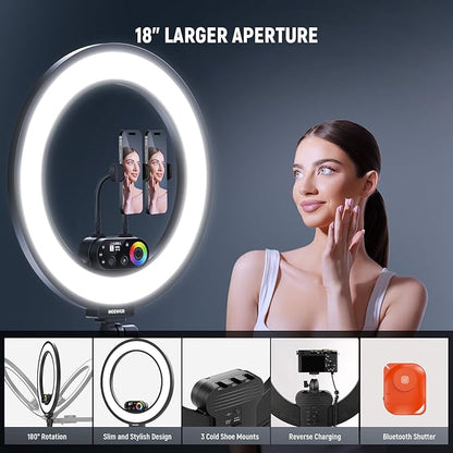 NEEWER RL45C 18" Edge Lit 45W RGB LED Ring Light with Phone Tripod Stand Remote CRI95+ 3100lux/0.5m 2500K–10000K 360° Full Colors App/2.4G Control Compatible with iPhone Selfie Makeup Video Recording