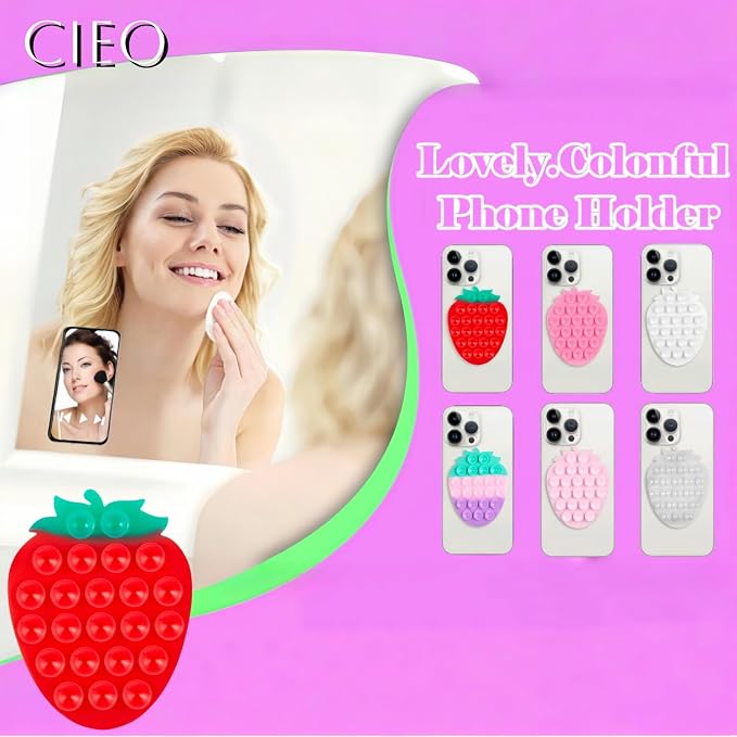CIEO Silicone Phone Grip 2 pcs, Strong Suction Phone Holder, Suitable for Selfies and Videos on Mirrors, bathrooms and Smooth Surfaces, Compatible with iPhone, Samsung(Strawberry Shaped, Heart Shape)