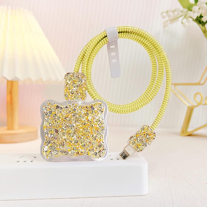 Glitter Phone Charger Storage Case Cover Set, Cute Bling Electronic Organizer with Cable Protector for iPhone, Soft Cable Saver Cord Organizer, Charger Case (Yellow)