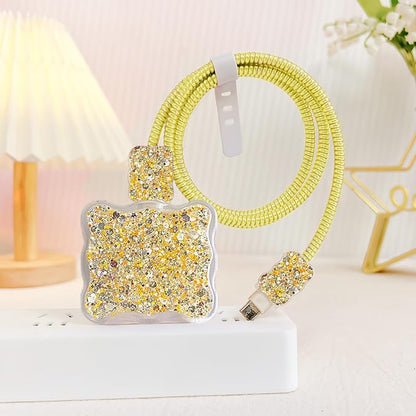 Glitter Phone Charger Storage Case Cover Set, Cute Bling Electronic Organizer with Cable Protector for iPhone, Soft Cable Saver Cord Organizer, Charger Case (Yellow)