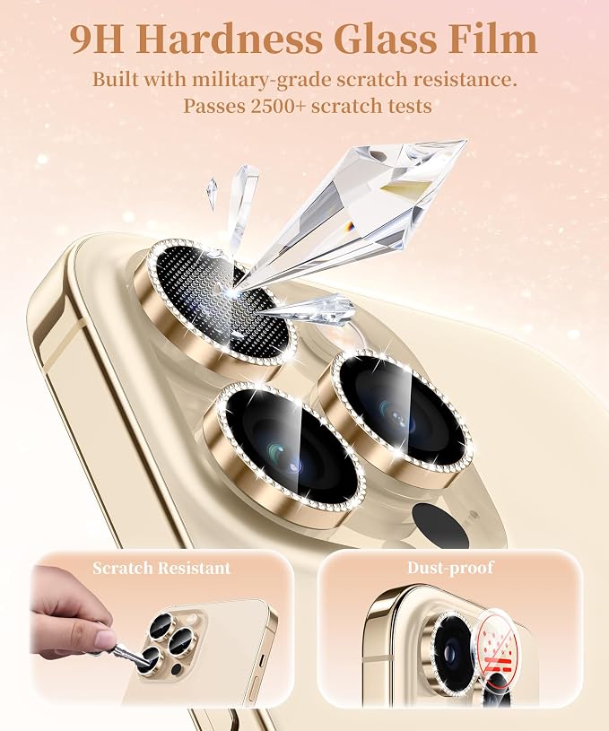 GolbinBox Camera Lens Protector for iPhone 13 Pro/13 Pro Max, 1:1 Invisible Fit, 9H Tempered Glass Ultra HD Metal Individual Camera Cover for Women, Case Friendly, Bling/Gold