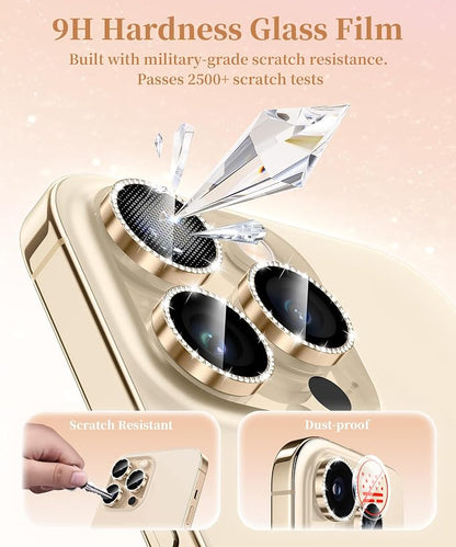 GolbinBox Camera Lens Protector for iPhone 13 Pro/13 Pro Max, 1:1 Invisible Fit, 9H Tempered Glass Ultra HD Metal Individual Camera Cover for Women, Case Friendly, Bling/Gold
