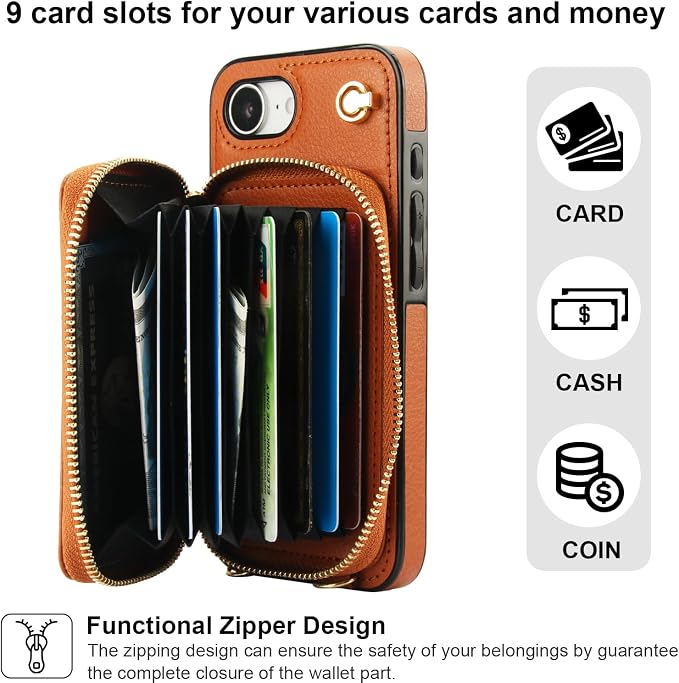 Bocasal Crossbody Wallet Case for iPhone 17e/16e, RFID Blocking Leather Purse Case with Card Holder, Protective Handbag Flip Cover with Zipper Wrist Strap Lanyard for Women 5G 6.1 Inch (Brown)