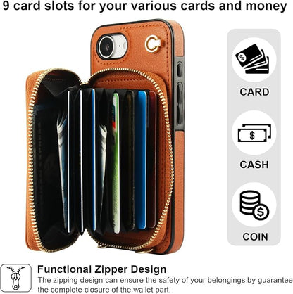 Bocasal Crossbody Wallet Case for iPhone 17e/16e, RFID Blocking Leather Purse Case with Card Holder, Protective Handbag Flip Cover with Zipper Wrist Strap Lanyard for Women 5G 6.1 Inch (Brown)