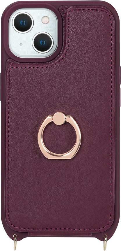 Lipvina for iPhone 14 Case with Card Holder and Strap for Women,Crossbody Lanyard,RFID Blocking,Stand Ring Kickstand,Snap Clasp,Phone Wallet Cases 6.1 inch(Wine Red)