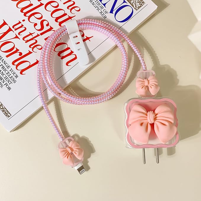 Lovmooful Compatible for iPhone 18W/20W USB-C Charger Cover Clear Lovely 3D Bowknot Waves Design Soft Charger Protector Cute Cable Case Saver Protector for Girls Women-Pink Bowknot