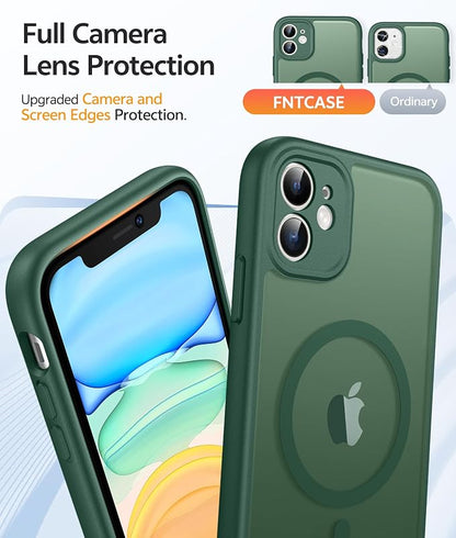 FNTCASE for iPhone 11 Case: [Compatible with Magsafe] Translucent Matte Magnetic Cases [Full Camera Protection] Military Grade Shockproof Protective Phone Cover - Green