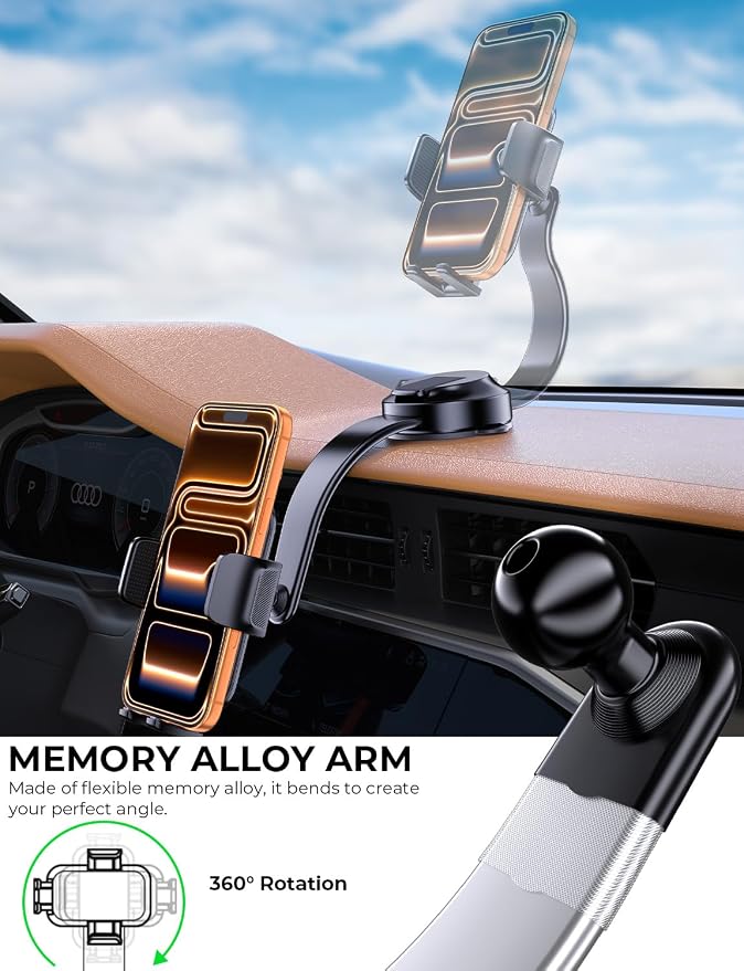 YYBS Car Dashboard Phone Holder for Windshield - Tesla Touch Screen Phone Mount with 360° Adjustable Aluminum Arm & Nano Adhesive Base for iPhone 17 Pro Max and All 4-7inch Smartphone (Black)