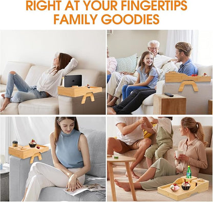 Couch Cup Holder Tray - Sofa Arm Tray with 360° Rotating Cell Phone Holder, Anti-Slip Couch Arm Rest Table, Natural Bamboo Clip-On Side Table for Eating, Snacks, Drinks, Remote, Cups