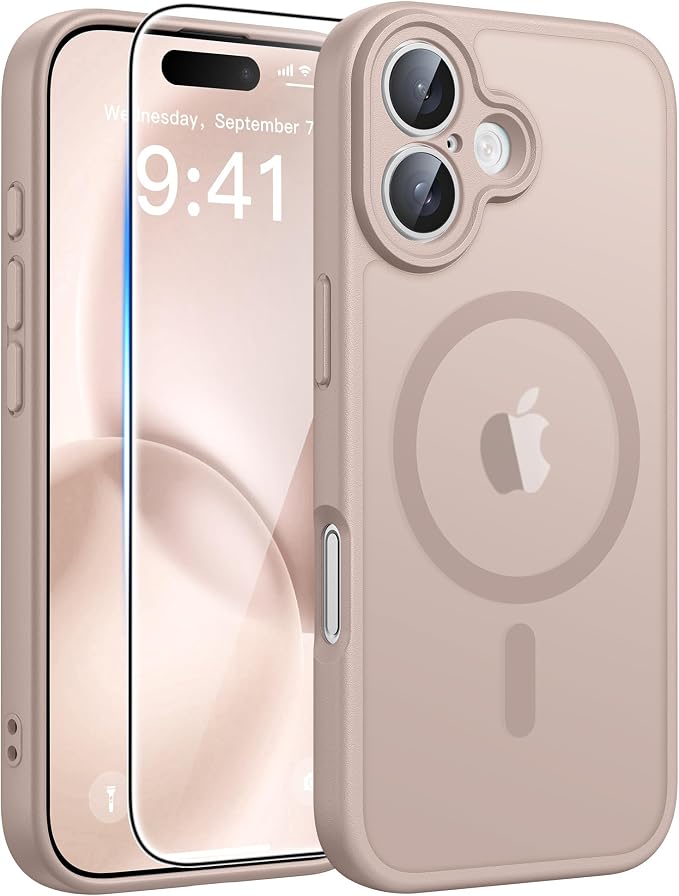 FNTCASE for iPhone 16 Case, Fit for Magsafe, Screen Protector, Desert Gold | Full Camera Protection, Translucent Matte, 14FT Military Grade Drop Proof, Shockproof Protective Phone Cover