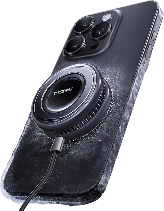 TORRAS PolarCircle Qi2 Wireless Charger, 15W Cooling Magnetic Pad for Samsung Galaxy S26, Wireless Charger for iPhone 17/16/15/14 with 360°Spin Stand, Semiconductor Game Cooler, with 5ft Type-C Cable
