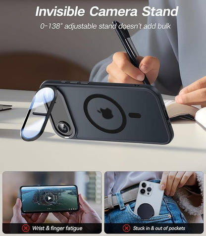 [Upgraded Full Camera Protection] for iPhone Air Case with Camera Cover Stand [Fit for MagSafe][10FT Mil-Grade Protection] Translucent Magnetic Phone Cover for iPhone 17 Air Case, Black