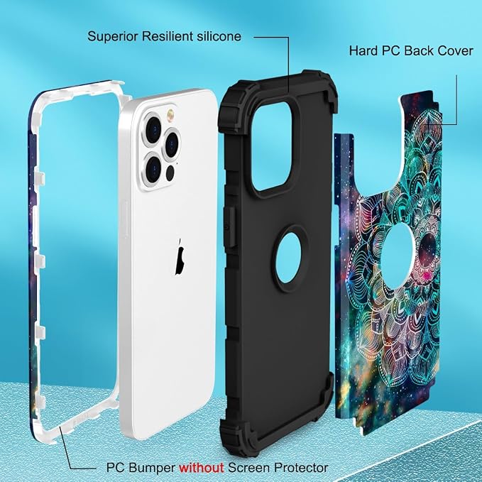 Hocase for iPhone 15 Pro Case, Heavy Duty Shockproof Protection Soft Silicone Rubber Bumper+Hard Plastic Hybrid Protective Case for iPhone 15 Pro 6.1" 2023 - Mandala in Galaxy