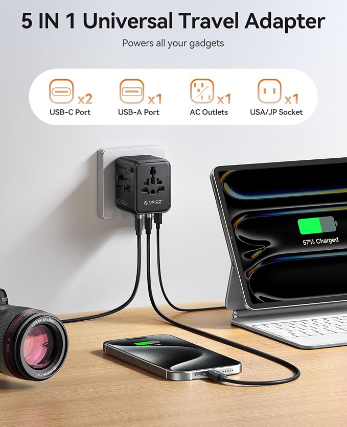 ORICO Universal Travel Adapter 100W GaN International Power Adapter | 7 in 1 (2 AC, 3 USB-C, 2 USB-A) European Travel Plug Adapter, Built-in Retractable USB-C Cable for Eu UK AU 200+ Countries