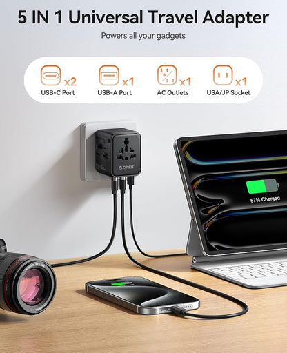 ORICO Universal Travel Adapter 100W GaN International Power Adapter | 7 in 1 (2 AC, 3 USB-C, 2 USB-A) European Travel Plug Adapter, Built-in Retractable USB-C Cable for Eu UK AU 200+ Countries