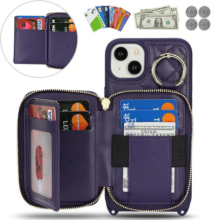 Crossbody Wallet Case for iPhone 14 Plus, PU Leather Zipper Handbag Purse Flip Cover, Kickstand Folio Case with Card Slots Holder Wrist Strap Lanyard 5G 6.7 Inch-Purple