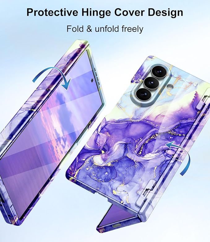 Btscase for Samsung Galaxy Z Fold 7 Case,Built in Front Screen Protector,Gold Glitter Marble Pattern Hard PC Slim Shockproof Full Body Drop Protective Case for Galaxy Z Fold 7 5G, Cobalt Violet