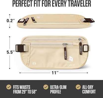 VENTURE 4TH Money Belt for Travel – Hidden Under-Clothes RFID Blocking Passport Holder & Slim Travel Wallet Pouch for Men & Women to Protect Cash, Cards & Documents (Beige)