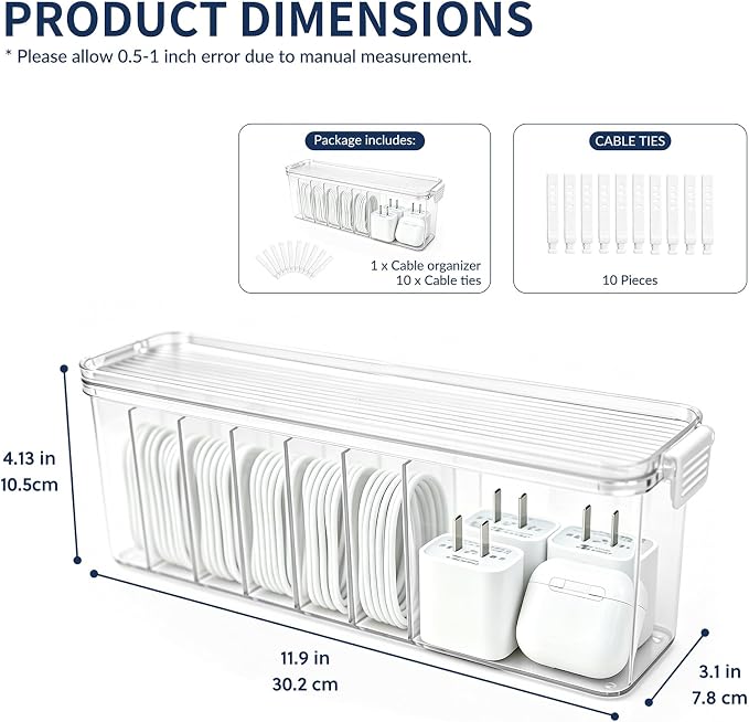 TexHome Cable Organizer Boxes Clear Charger Cable Storage Boxes with Lid and Cable Straps, Plastic Electronics Cord Organizer for Office Desk Home Drawer Accessories Storage, Clear