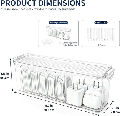 TexHome Cable Organizer Boxes Clear Charger Cable Storage Boxes with Lid and Cable Straps, Plastic Electronics Cord Organizer for Office Desk Home Drawer Accessories Storage, Clear