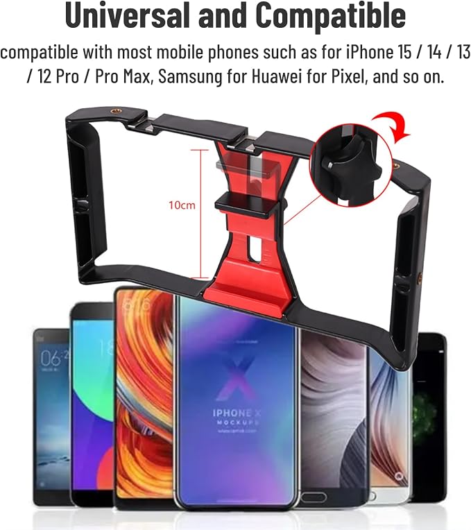 Smartphone Video Rig, Phone Video Stabilizer Grip Vlogging Cage with Cold Shoe 1/4 Screw Hole, Phone Handheld Rig for Videomaker Film Maker Video Grapher Live Recording
