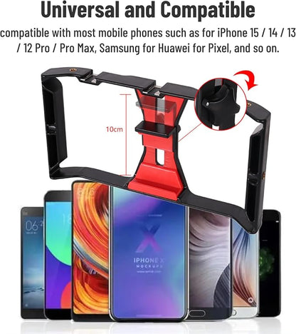 Smartphone Video Rig, Phone Video Stabilizer Grip Vlogging Cage with Cold Shoe 1/4 Screw Hole, Phone Handheld Rig for Videomaker Film Maker Video Grapher Live Recording