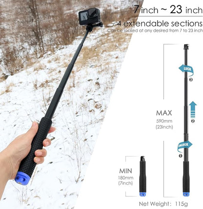 7''-23'' Extendable Selfie Stick for GoPro, Waterproof Handle Grip Monopod Portable Extension Pole for Hero 13 12 11 10 9 8 7 6/AKASO/DJI Osmo Action 6 5 Pro 4 3, Ideal for Travel Vlog