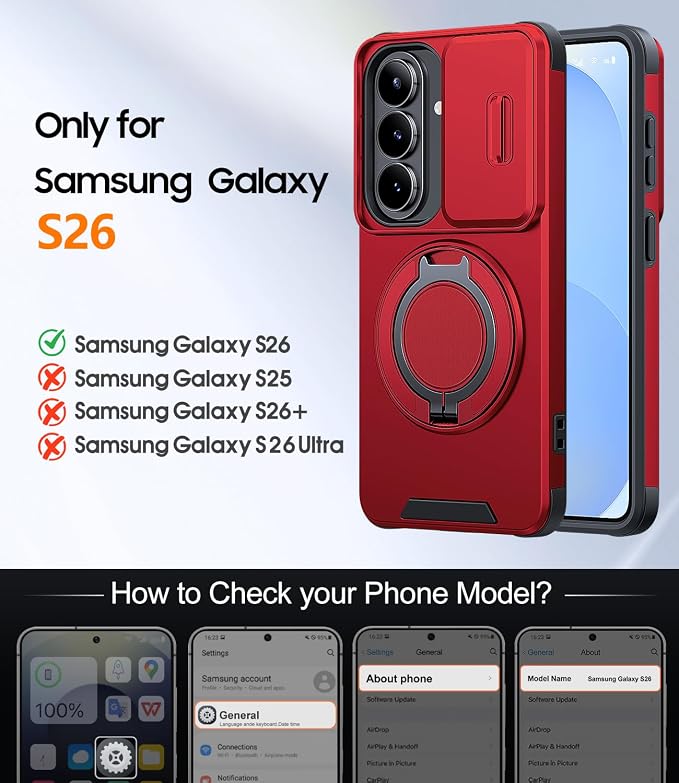 JAME for Samsung Galaxy S26 Case, Ring Holder Stand Kickstand, Slide Camera Cover with Screen Protector, Dual-Layer Shockproof Protective, Magnetic Accessory Friendly Galaxy S26 Phone Case, Red