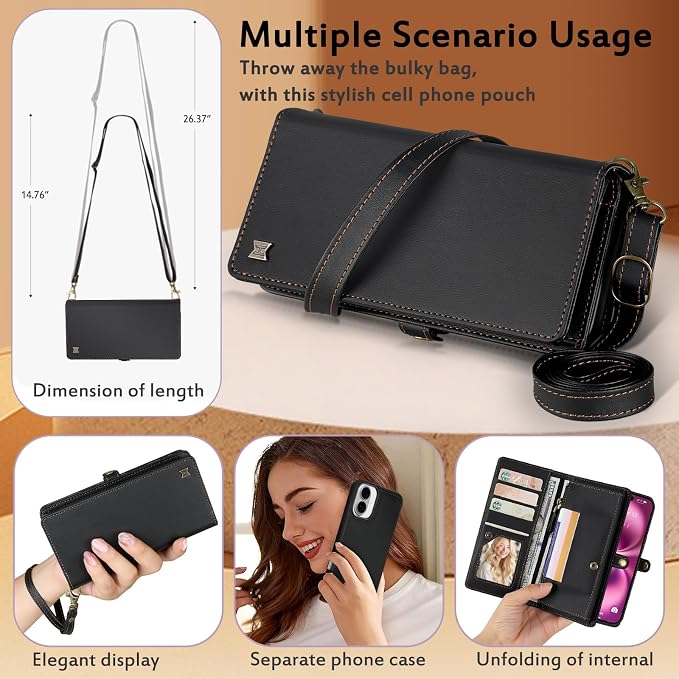 for Wallet Case Compatible with iPhone 16 Plus,Multi-Function Detachable 2 in 1 Magnetic iPhone 16 Plus Case Wallet,Flip Strap Zipper Card Holder Phone Case with Shoulder Straps (Black)